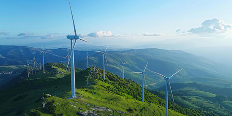 A breathtaking aerial view of wind turbines standing tall on a lush mountain ridge, generating clean energy against a backdrop of rolling hills and a clear blue sky.