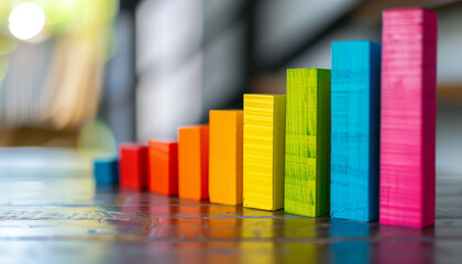 Colorful wooden blocks stacked in ascending order, representing a bar graph on a reflective surface with a blurred background.