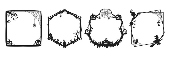 Wall Mural - Halloween holiday black frames. Horror spooky borders, Halloween holiday monochrome vector frames with pumpkin lantern, spider cobweb and cemetery graves, corner with witch on broom and flying bats