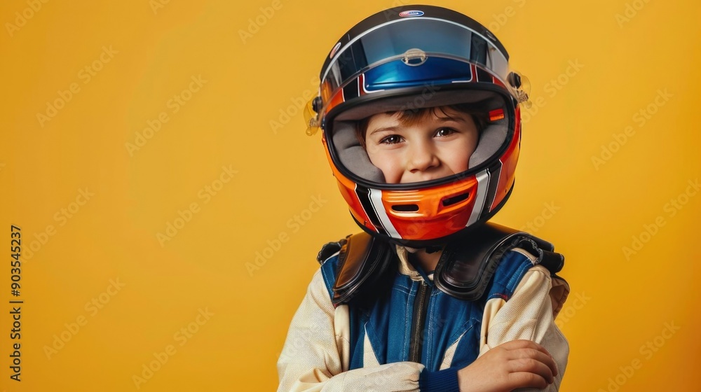 Portrait photography of a cute little Racing car driver professional ...