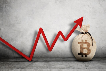 Bitcoin growth. Money bag and bitcoin symbol with a growing upward arrow