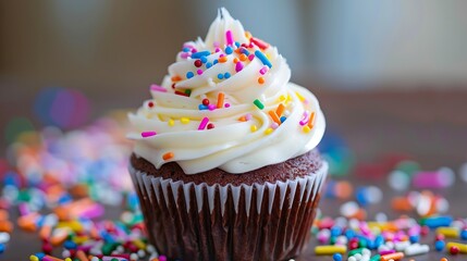 Wall Mural - Colorful birthday cupcake with lit candle on pastel background, ideal for festive celebration themes and joyful party designs