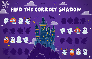 Sticker - Halloween game, find the correct shadow of cute kawaii ghost characters. Shadow match kids game worksheet, silhouette find children funny vector quiz or riddle with Halloween funny ghosts personages