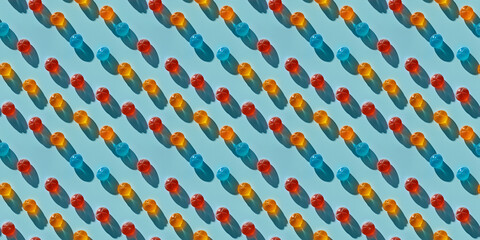 A pattern of complementary hard candies arranged in an orderly fashion on the light blue background, with shadows cast sunlight