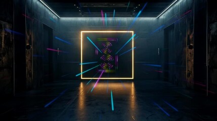 Wall Mural - Dark hallway with glowing neon lights forming a musical  sound speaker on the frame. Seamless looping time-lapse 4k video animation background