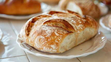 Bread on a white tiled plate