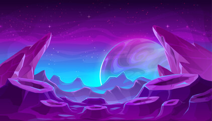 Wall Mural - fantastic alien space purple planet surface, violet mountains and craters landscape. cartoon vector 