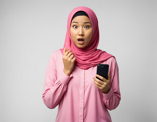 a woman is looking at a phone with a pink hijab on her head