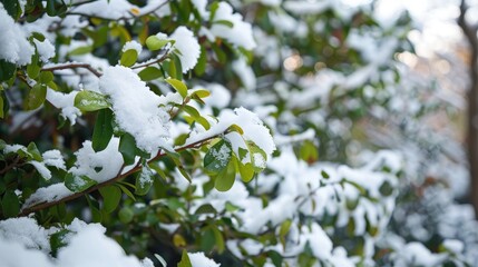 Wall Mural - Bush covered in snow with green branches