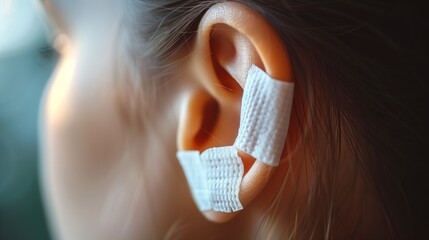 A detailed close-up image of a person’s ear with a white bandage covering the earlobe. 