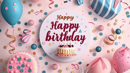 Happy birthday text design with cake and balloons decoration in circular space, vector template for greeting cards and party invitations on patterned background