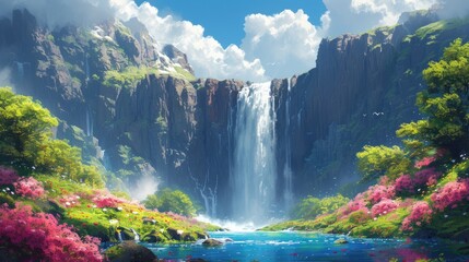 Majestic waterfall tumbling down rocky cliffs with lush green trees and bright pink foliage enhancing the natural beauty. Desktop wallpaper