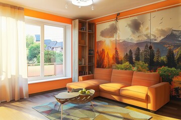 The interior of the living room in orange tones with sofa, Generative AI