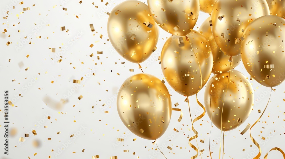 Elegant gold foil balloons with confetti and festive ribbon on white ...