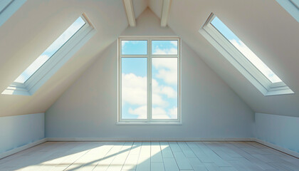 Bright and airy attic space with large windows and skylights, allowing natural light to fill the room. Minimalistic and clean with a serene ambiance.