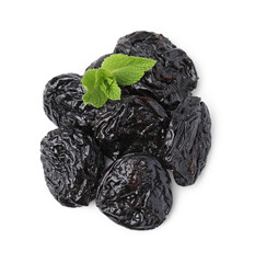 Wall Mural - Tasty dried plums (prunes) and mint leaves on white background, top view