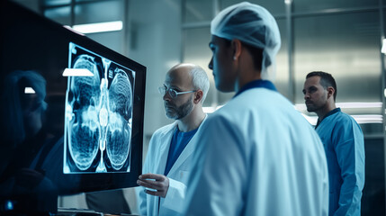 Wall Mural - Doctors looking x-ray of brain on a monitor screen