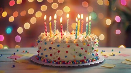 Wall Mural - Festive birthday cake with lit candles and colorful bokeh lights for celebration and party themes