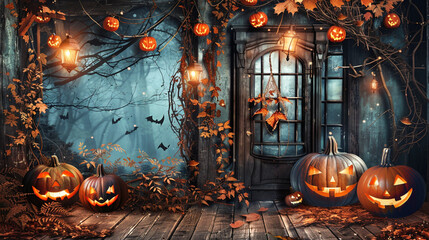 Wall Mural - Halloween landscape. Haunted house, jack-o-lantern, spooky mood. Childrens book illustration or halloween event poster