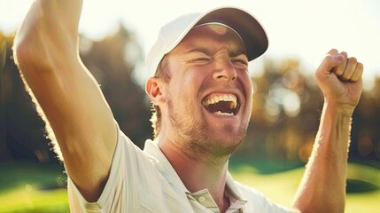 Golfer celebrating with arms raised holding a golf club under a clear sky. Outdoor scene with trees in the background. Generative by AI