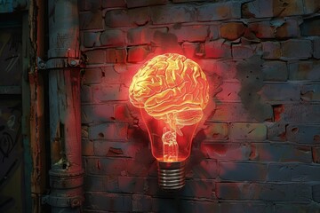 Wall Mural - vintage brain bulb with neon lights retro concept art