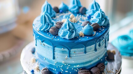 Vibrant blue birthday cake with colorful sprinkles and candles for celebratory events and festive party decorations