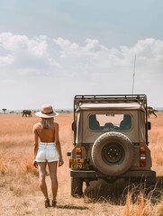 Wall Mural - woman standing in a safari vehicle tourist elephant in the savanna travel summer