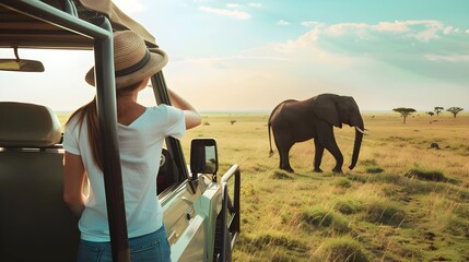 woman standing in a safari vehicle tourist elephant in the savanna travel summer