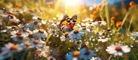 Fields of daisies and butterflies fluttering with orange and blue sunlight