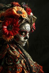 Side portrait of person with Day of the Dead makeup and floral h