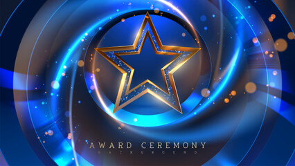 elegant 3d star display stand with sparkling decoration and bright blue spotlights. ideal for award 