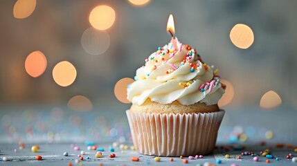 Wall Mural - Delicious frosted birthday cupcake with sprinkles on a light pastel background, perfect for celebratory designs and party invitations