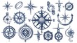 © PSCL RDL - Vintage compass. Nautical wind rose, compasses for travel map, vintage marine navigation arrow symbols, retro outline vector set. Compass travel, old wind rose for sea adventure illustration