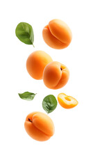 Falling Fresh Apricots isolated on white background, full depth of field, transparent png background