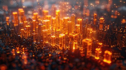 Abstract futuristic cityscape illuminated by glowing orange lights, showcasing technological advancements and modern urban design.