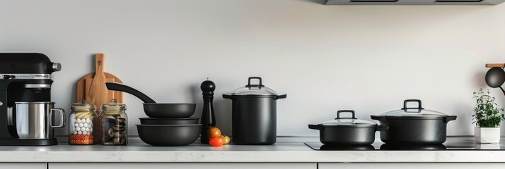 A clean and modern kitchen with black pots and pans on a white countertop, symbolizing culinary elegance, efficiency, and the joy of cooking.