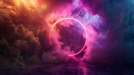 Canvas Print - Vibrant smoke twirls within a bright halo against a dark backdrop, representing contemporary art. 3D illustration.