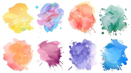 Poster - Set of watercolor splash hand drawn pastel colorful painting brush elements minimal design, isolated on white background