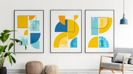 Poster - Set of three posters with geometric abstract art of yellow, blue and cyan shapes