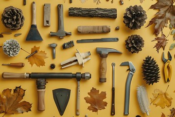 Autumnal Tools and Nature Still Life - Illustration