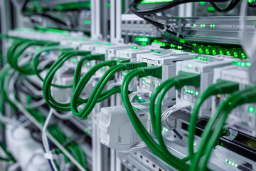 Server Rack with Green Cables and Green Lights