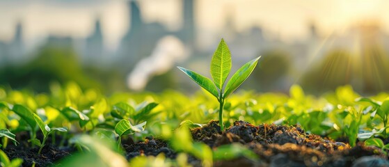 Green Industry, Fresh eco green plant leaves with blur Industrial metro background for modern factory ecology backdrop.