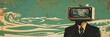 © Nima - A man with a television for a head stands against a background of stylized ocean waves. The image evokes a sense of retro nostalgia, the influence of media on our lives, and the vastness of the ocean.