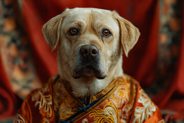 Poster - A dog wearing a chinese costume sitting on a couch