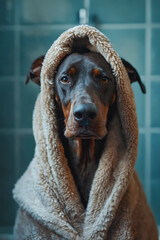 Poster - A dog wrapped up in a towel in a bathroom