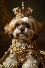 Canvas Print - A small dog wearing a gold crown sitting on a chair