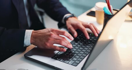 Poster - Laptop, hands and business person typing email, report and research online in office. Closeup, keyboard and consultant on computer for writing information, networking and sales proposal in review