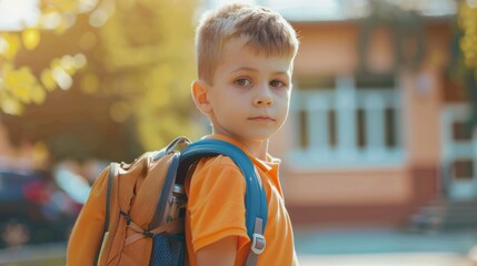 Poster - A young boy wearing an orange shirt and blue backpack stands in front of a house