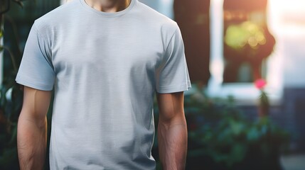 man in blank grey t-shirt on blurred background, mockup for design