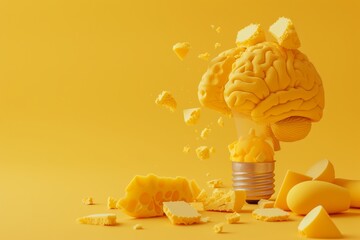 Wall Mural - abstract yellow brain exploding with ideas yellow background creativity burst conceptual art bright 